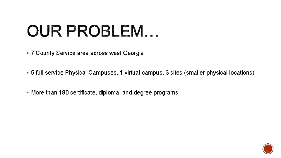 § 7 County Service area across west Georgia § 5 full service Physical Campuses,