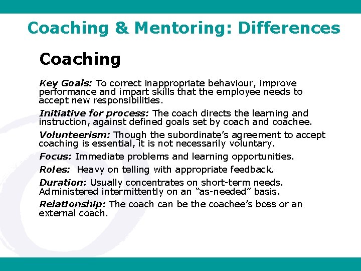 Coaching & Mentoring: Differences Coaching Key Goals: To correct inappropriate behaviour, improve performance and