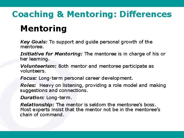 Coaching & Mentoring: Differences Mentoring Key Goals: To support and guide personal growth of