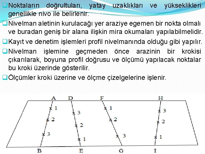 q Noktaların doğrultuları, yatay uzaklıkları ve yükseklikleri genellikle nivo ile belirlenir. q Nivelman aletinin