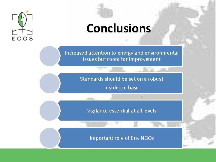 Conclusions Increased attention to energy and environmental issues but room for improvement Standards should