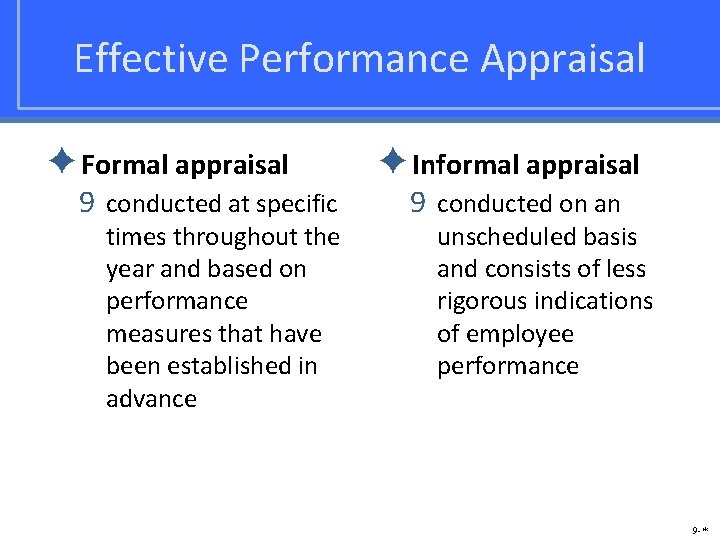 Effective Performance Appraisal ✦Formal appraisal 9 conducted at specific times throughout the year and