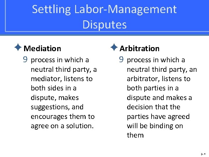 Settling Labor-Management Disputes ✦Mediation 9 process in which a neutral third party, a mediator,