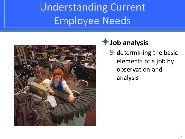 Understanding Current Employee Needs ✦Job analysis 9 determining the basic elements of a job