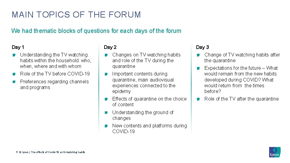 MAIN TOPICS OF THE FORUM We had thematic blocks of questions for each days