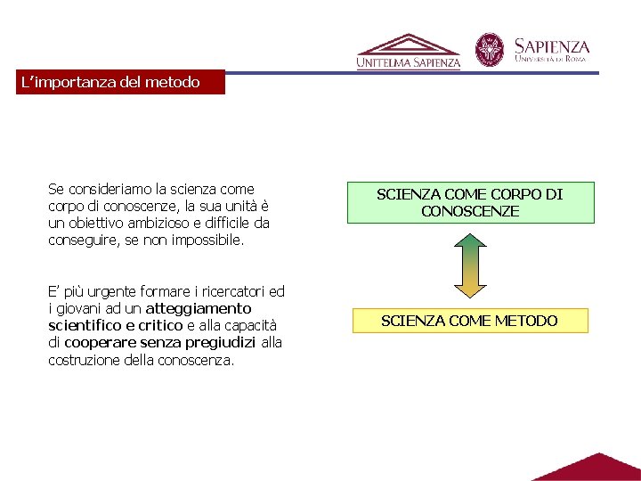 L’importanza del metodo Se consideriamo la scienza come corpo di conoscenze, la sua unità