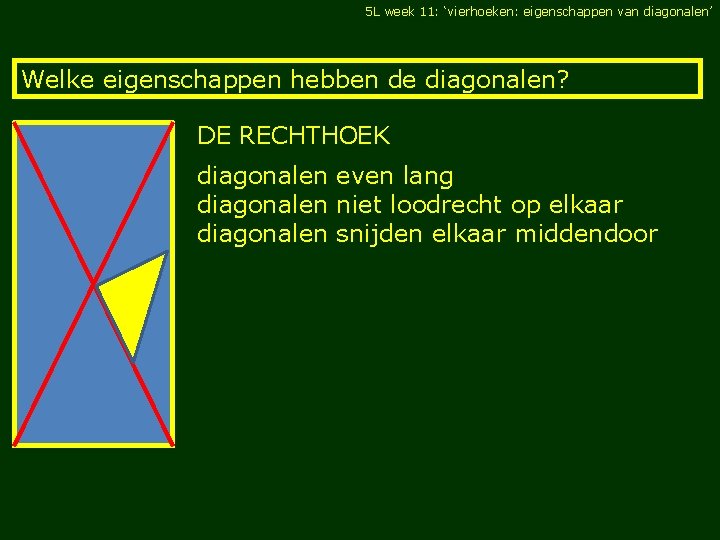 5 L week 11: ‘vierhoeken: eigenschappen van diagonalen’ Welke eigenschappen hebben de diagonalen? DE 5 L week 11: ‘vierhoeken: eigenschappen van diagonalen’ Welke eigenschappen hebben de diagonalen? DE