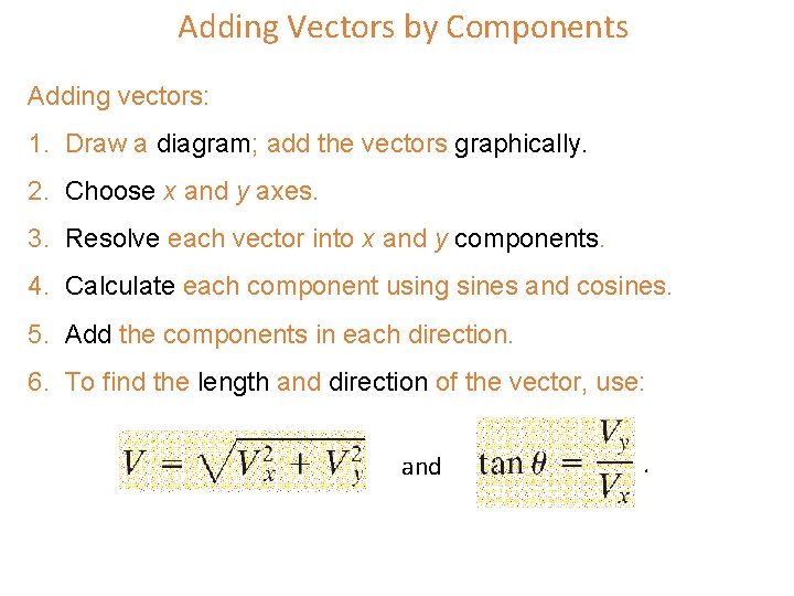 Adding Vectors by Components Adding vectors: 1. Draw a diagram; add the vectors graphically. Adding Vectors by Components Adding vectors: 1. Draw a diagram; add the vectors graphically.