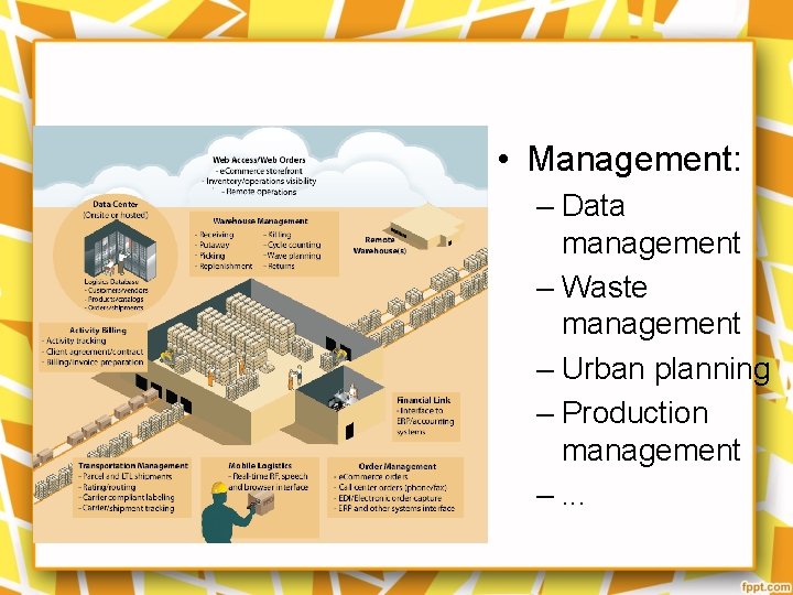  • Management: – Data management – Waste management – Urban planning – Production