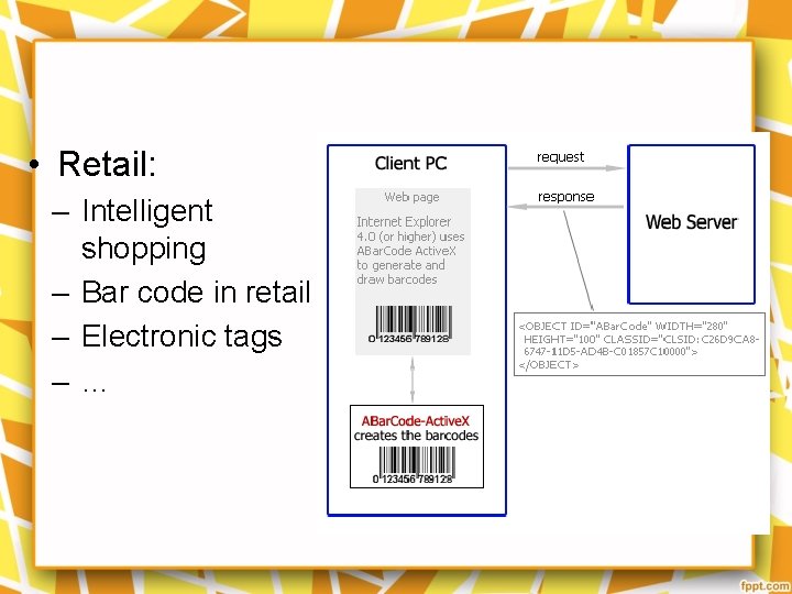  • Retail: – Intelligent shopping – Bar code in retail – Electronic tags