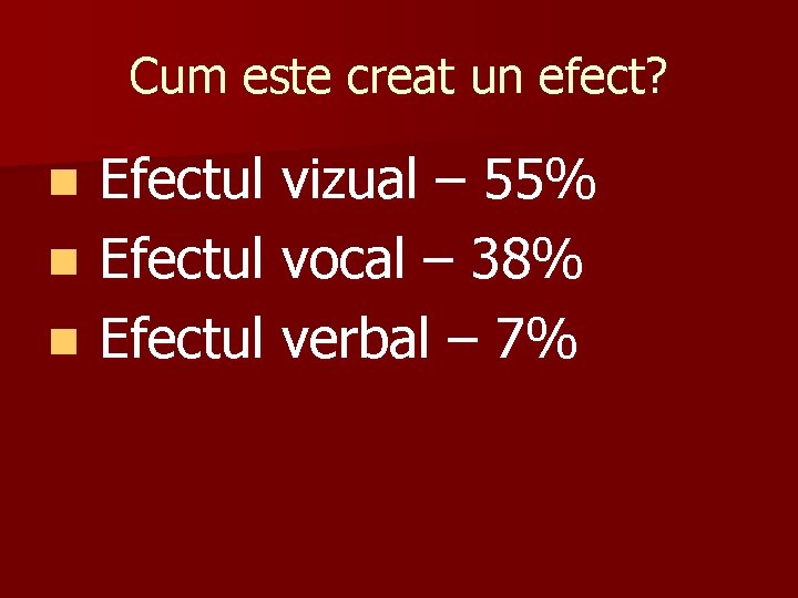 Cum este creat un efect? Efectul vizual – 55% n Efectul vocal – 38%