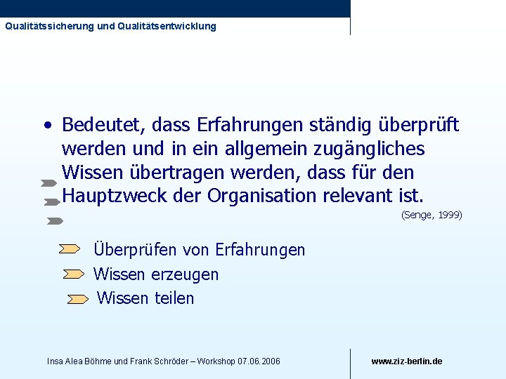 Qualitätssicherung und Qualitätsentwicklung • Bedeutet, dass Erfahrungen ständig überprüft werden und in ein allgemein