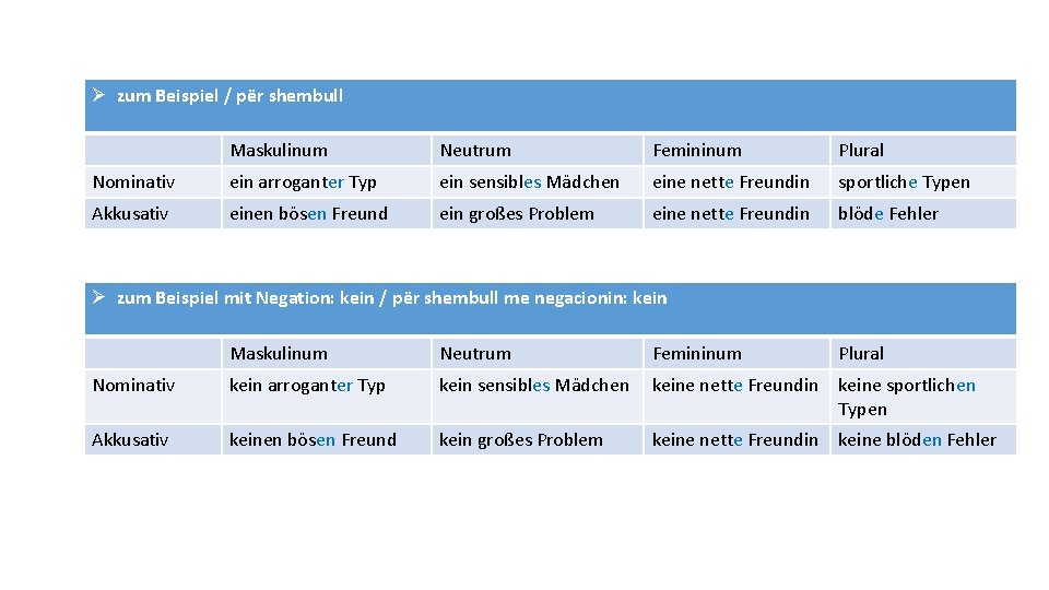 Ø zum Beispiel / për shembull Maskulinum Neutrum Femininum Plural Nominativ ein arroganter Typ