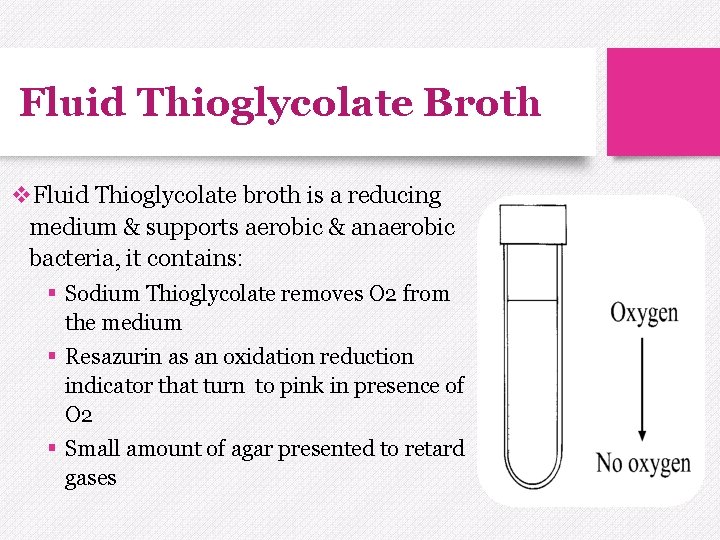 Fluid Thioglycolate Broth v. Fluid Thioglycolate broth is a reducing medium & supports aerobic