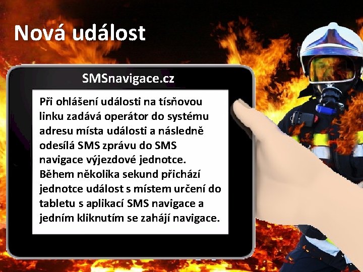 Nová událost SMSnavigace. cz Při ohlášení události na tísňovou linku zadává operátor do systému