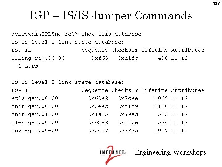 127 IGP – IS/IS Juniper Commands gcbrowni@IPLSng-re 0> show isis database IS-IS level 1