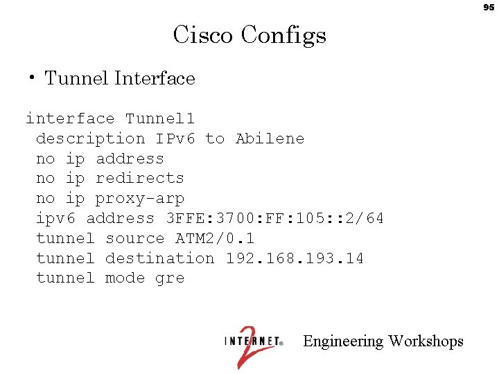 95 Cisco Configs • Tunnel Interface interface Tunnel 1 description IPv 6 to Abilene