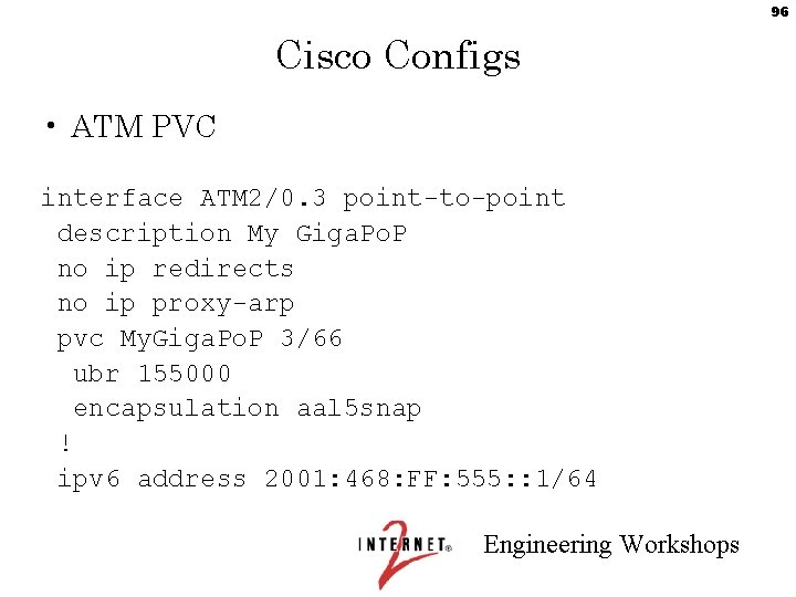 96 Cisco Configs • ATM PVC interface ATM 2/0. 3 point-to-point description My Giga.