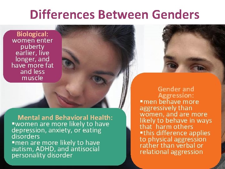 Differences Between Genders Biological: women enter puberty earlier, live longer, and have more fat