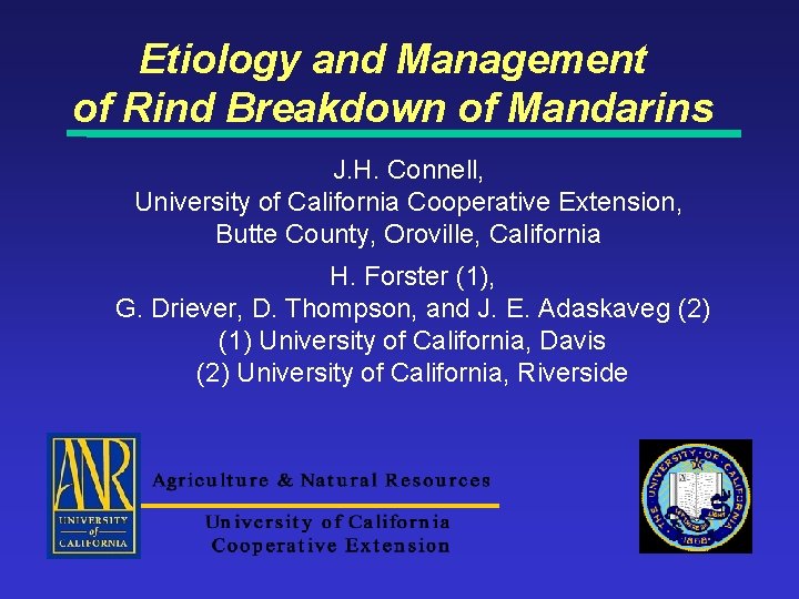 Etiology and Management of Rind Breakdown of Mandarins J. H. Connell, University of California