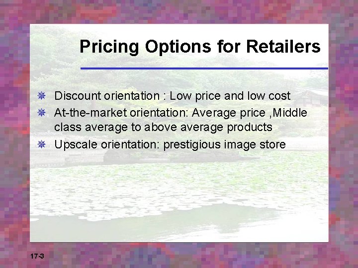 Pricing Options for Retailers ¯ Discount orientation : Low price and low cost ¯