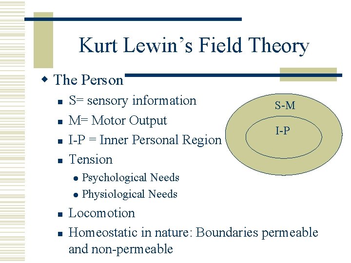 Kurt Lewin’s Field Theory w The Person n n S= sensory information M= Motor