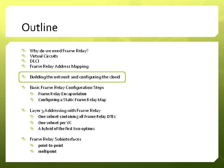 Outline Why do we need Frame Relay? Virtual Circuits DLCI Frame Relay Address Mapping