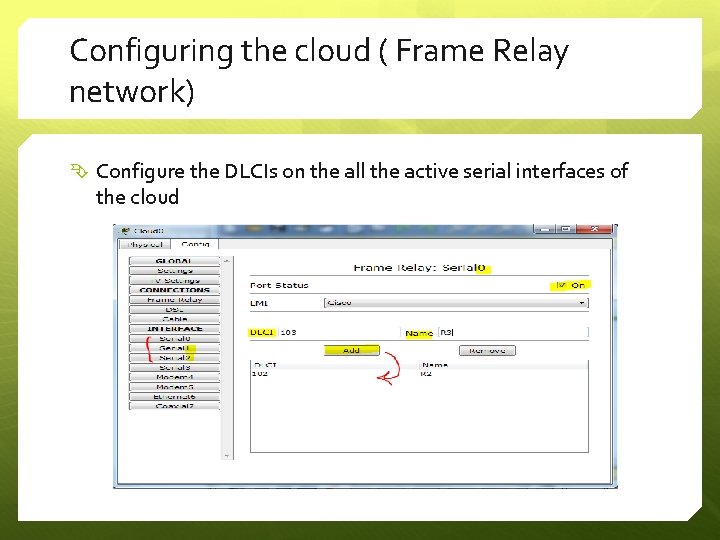 Configuring the cloud ( Frame Relay network) Configure the DLCIs on the all the
