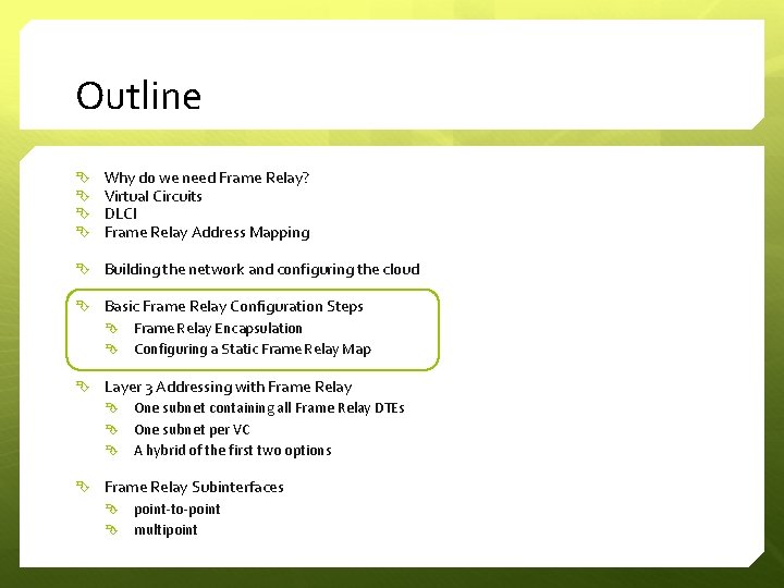 Outline Why do we need Frame Relay? Virtual Circuits DLCI Frame Relay Address Mapping