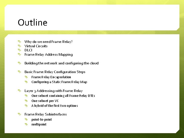 Outline Why do we need Frame Relay? Virtual Circuits DLCI Frame Relay Address Mapping