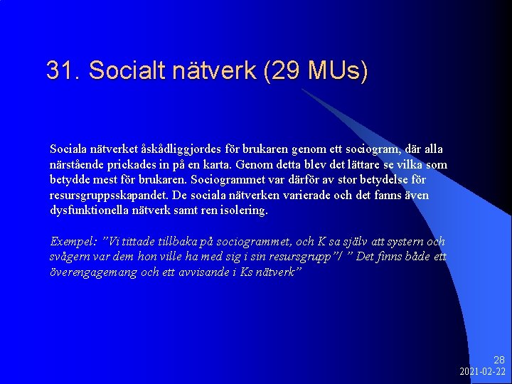 31. Socialt nätverk (29 MUs) Sociala nätverket åskådliggjordes för brukaren genom ett sociogram, där