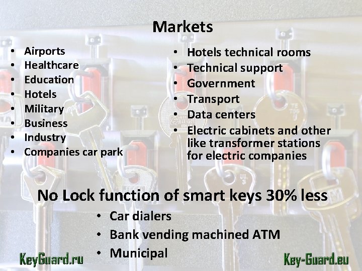Markets • • Airports Healthcare Education Hotels Military Business Industry Companies car park •