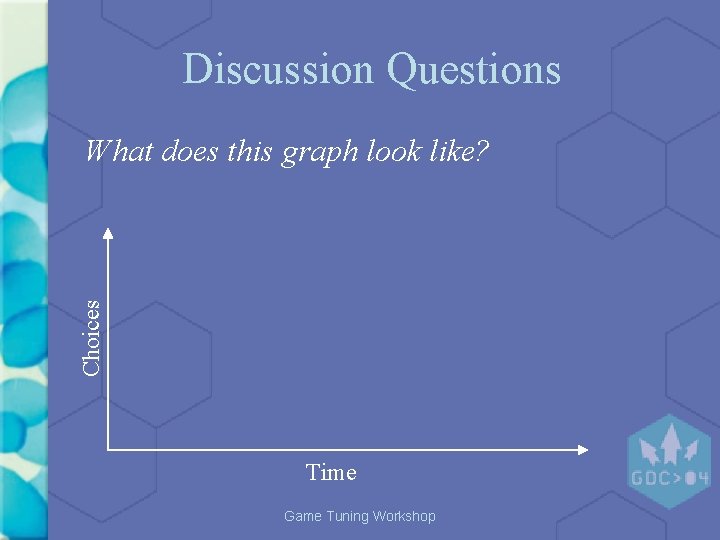 Discussion Questions Choices What does this graph look like? Time Game Tuning Workshop Discussion Questions Choices What does this graph look like? Time Game Tuning Workshop