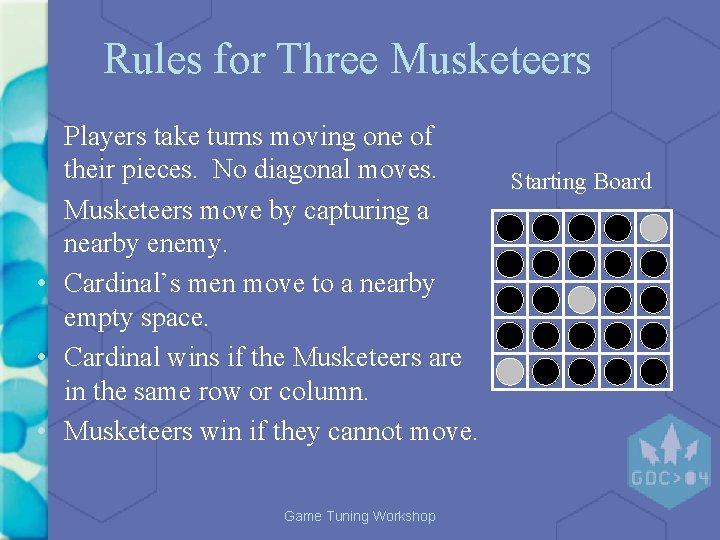 Rules for Three Musketeers • Players take turns moving one of their pieces. No Rules for Three Musketeers • Players take turns moving one of their pieces. No