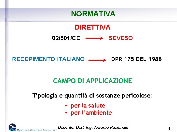 NORMATIVA DIRETTIVA 82/501/CE RECEPIMENTO ITALIANO SEVESO DPR 175 DEL 1988 CAMPO DI APPLICAZIONE Tipologia