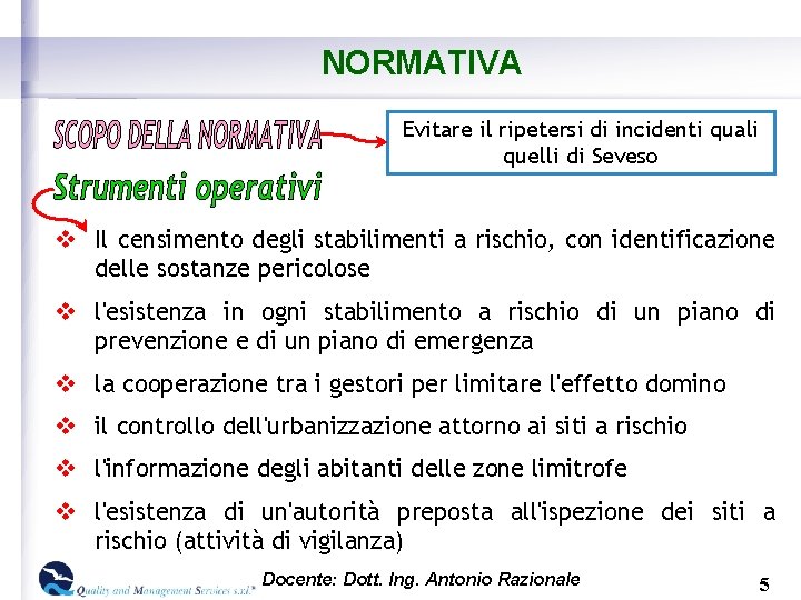 NORMATIVA Evitare il ripetersi di incidenti quali quelli di Seveso v Il censimento degli