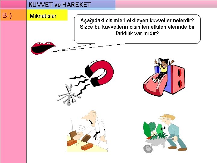 KUVVET ve HAREKET B-) Mıknatıslar Aşağıdaki cisimleri etkileyen kuvvetler nelerdir? Sizce bu kuvvetlerin cisimleri