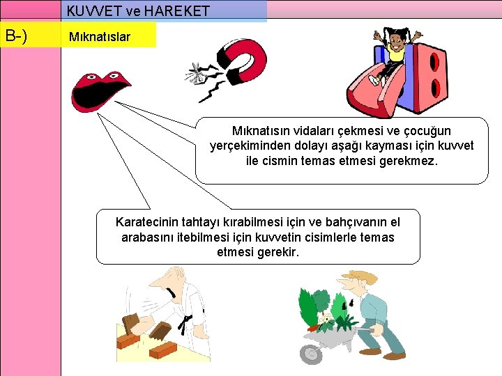 KUVVET ve HAREKET B-) Mıknatıslar Mıknatısın vidaları çekmesi ve çocuğun yerçekiminden dolayı aşağı kayması