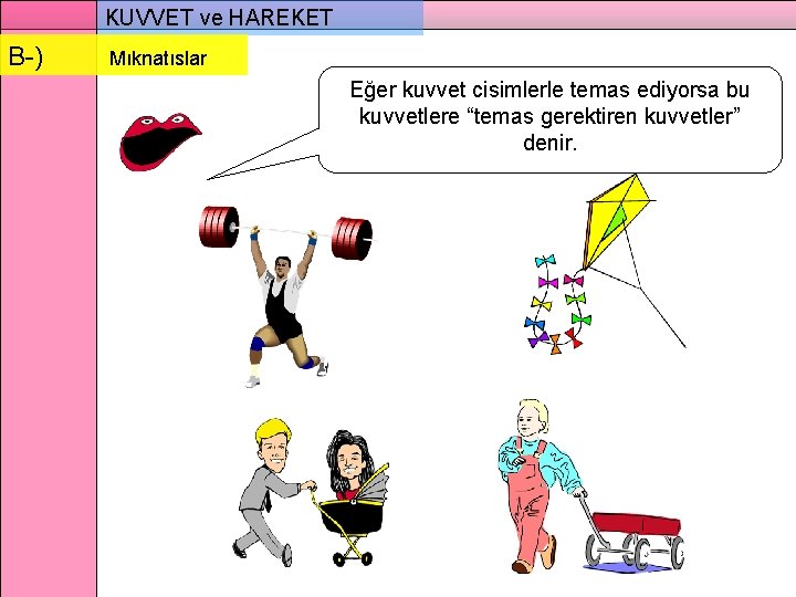 KUVVET ve HAREKET B-) Mıknatıslar Eğer kuvvet cisimlerle temas ediyorsa bu kuvvetlere “temas gerektiren
