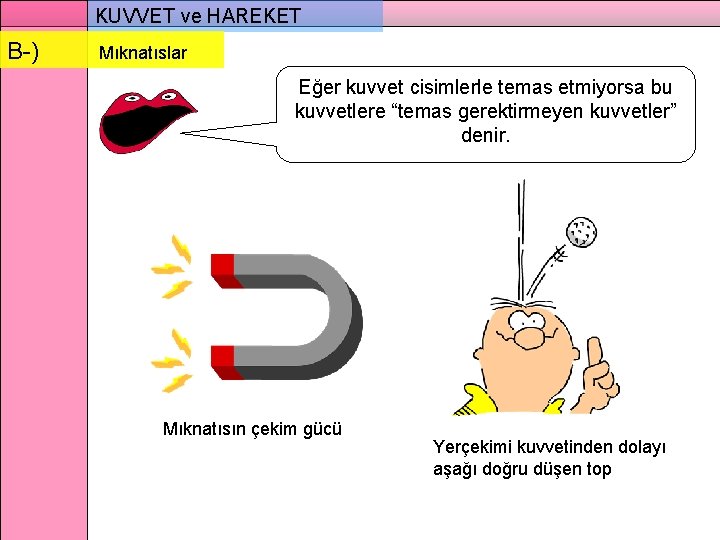 KUVVET ve HAREKET B-) Mıknatıslar Eğer kuvvet cisimlerle temas etmiyorsa bu kuvvetlere “temas gerektirmeyen