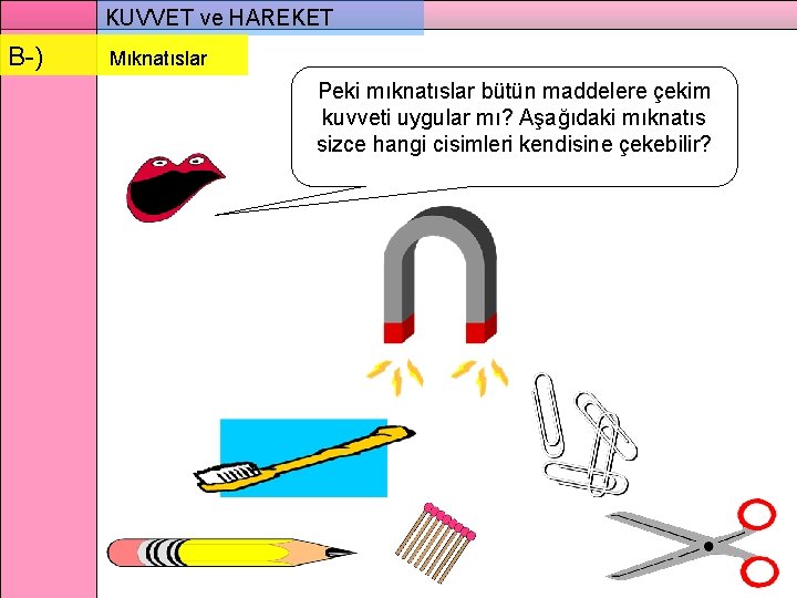 KUVVET ve HAREKET B-) Mıknatıslar Peki mıknatıslar bütün maddelere çekim kuvveti uygular mı? Aşağıdaki