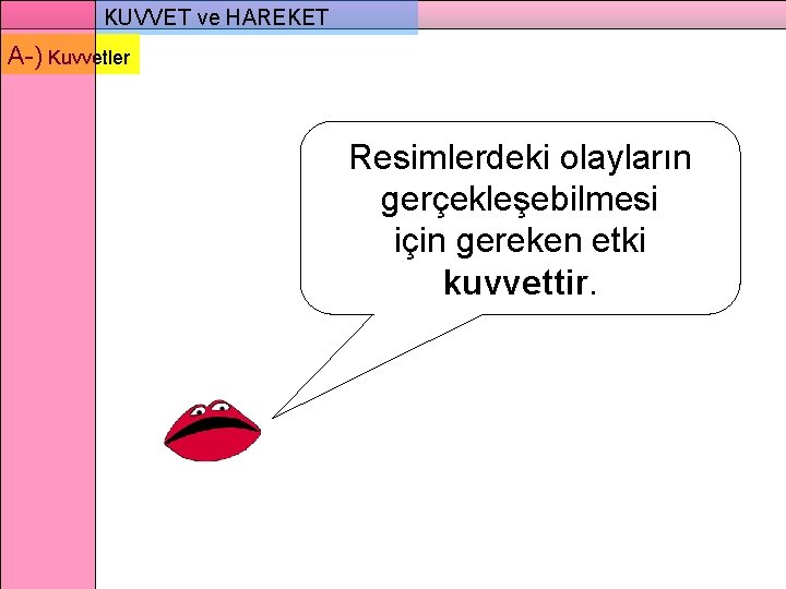 KUVVET ve HAREKET A-) Kuvvetler Resimlerdeki olayların gerçekleşebilmesi için gereken etki kuvvettir. 