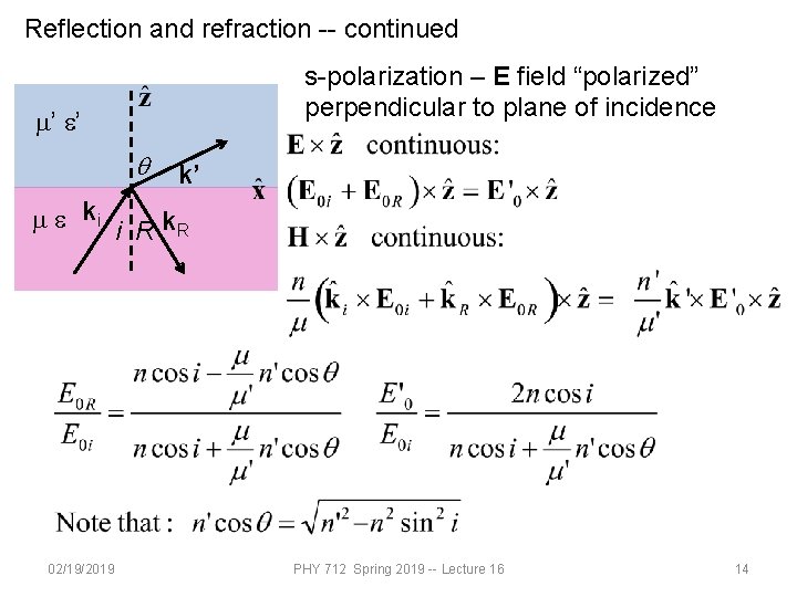 Reflection and refraction -- continued s-polarization – E field “polarized” perpendicular to plane of