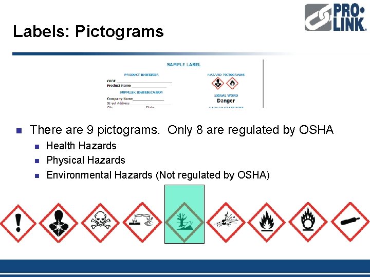 Labels: Pictograms n There are 9 pictograms. Only 8 are regulated by OSHA n