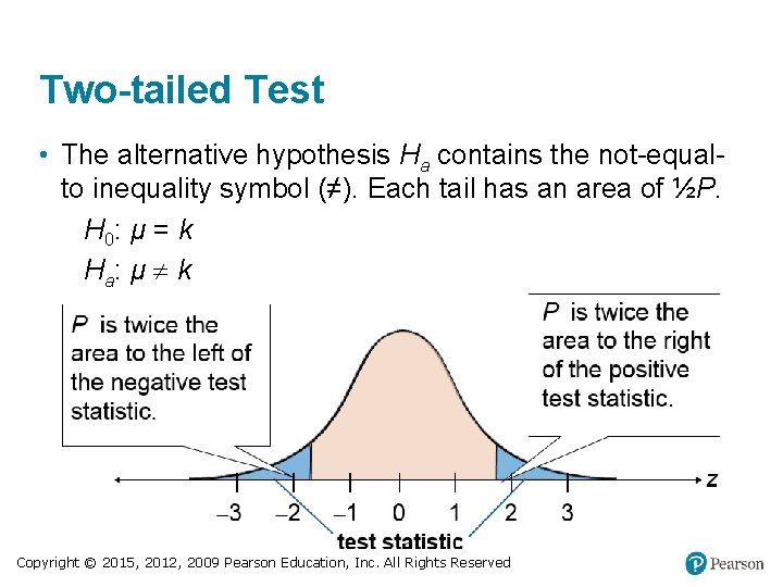 Two-tailed Test • The alternative hypothesis Ha contains the not-equalto inequality symbol (≠). Each