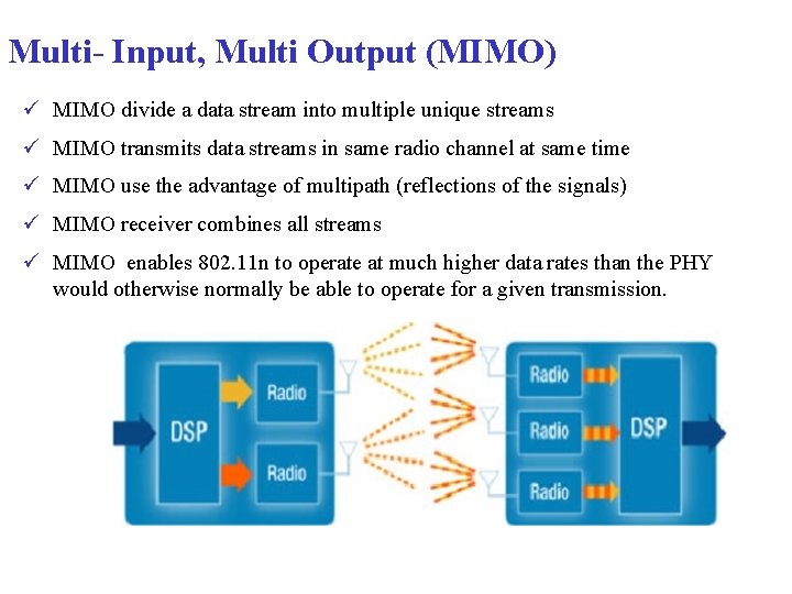 Multi- Input, Multi Output (MIMO) ü MIMO divide a data stream into multiple unique Multi- Input, Multi Output (MIMO) ü MIMO divide a data stream into multiple unique
