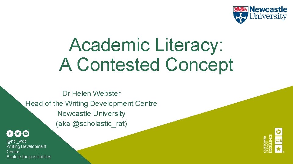 Academic Literacy: A Contested Concept Dr Helen Webster Head of the Writing Development Centre
