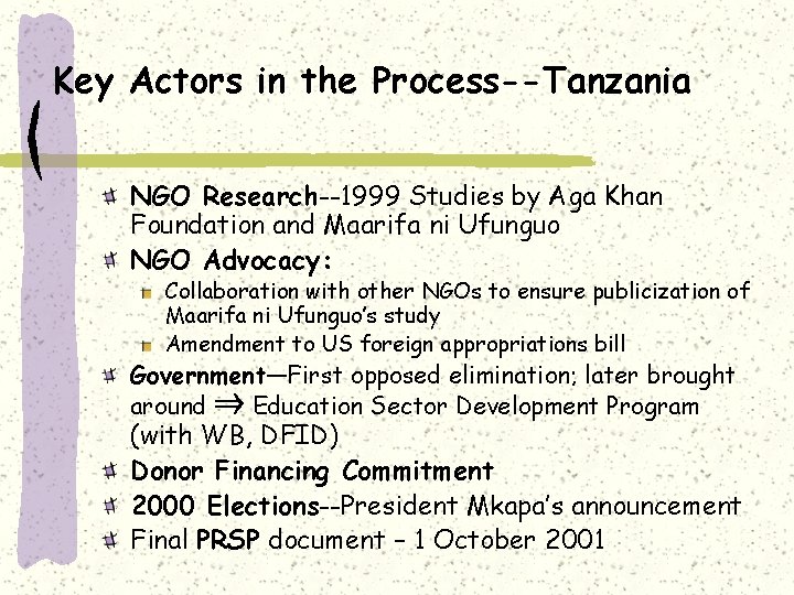 Key Actors in the Process--Tanzania NGO Research--1999 Studies by Aga Khan Foundation and Maarifa
