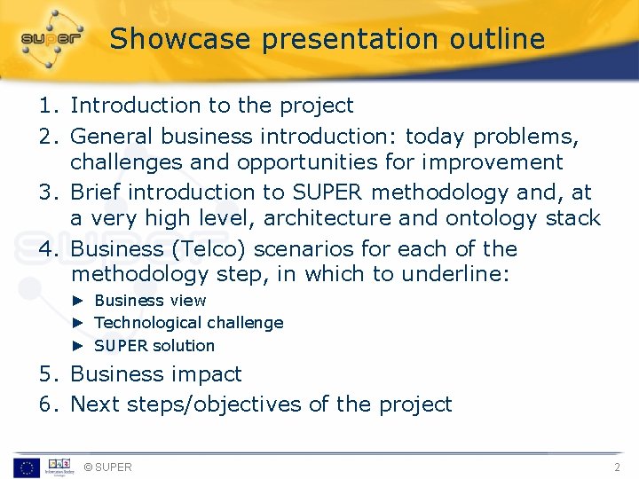 Showcase presentation outline 1. Introduction to the project 2. General business introduction: today problems,