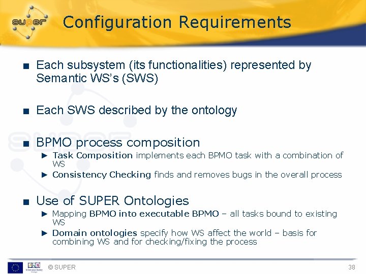 Configuration Requirements ■ Each subsystem (its functionalities) represented by Semantic WS’s (SWS) ■ Each